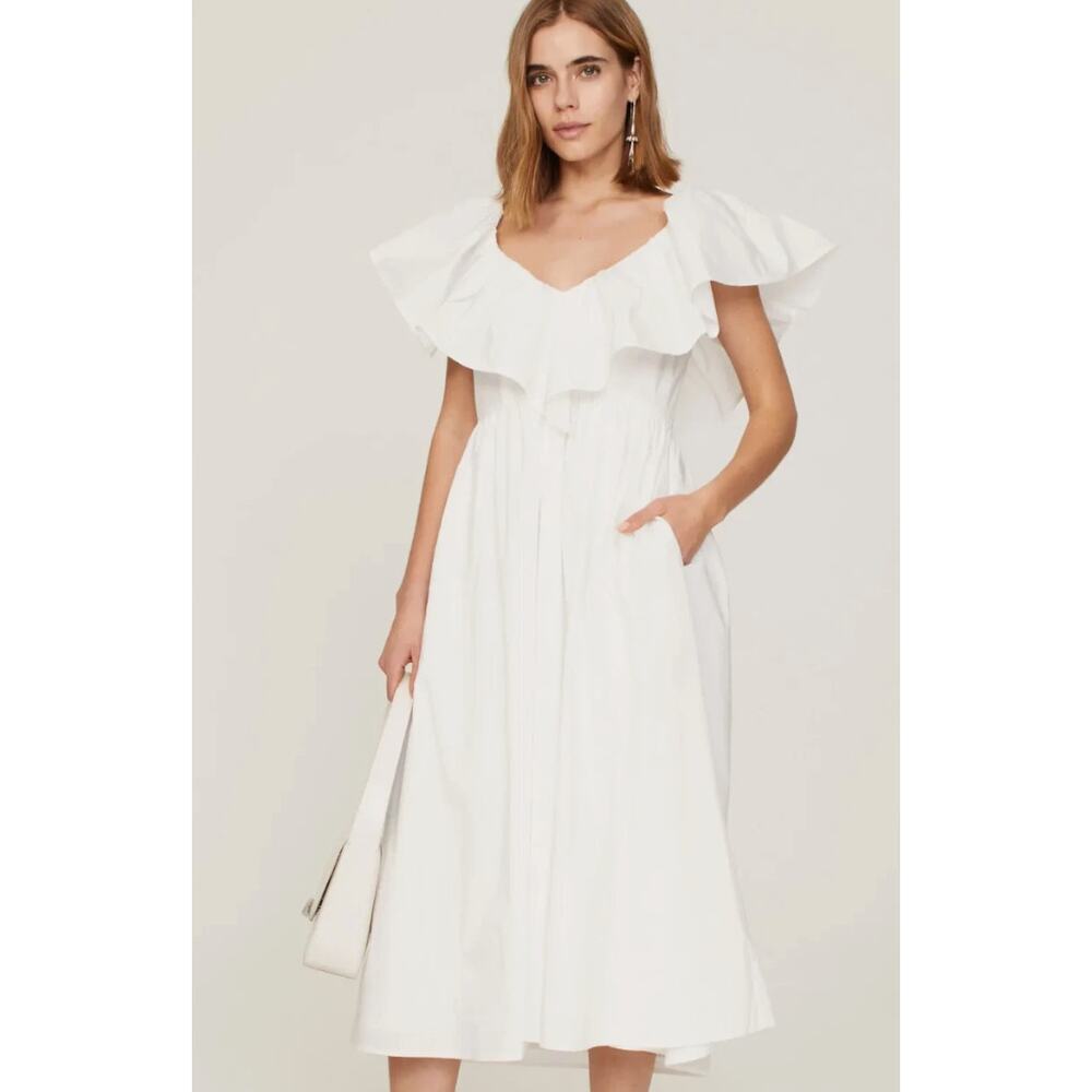Adam Lippes Collective V-Neck Midi Dress in White Cotton Poplin Size 10